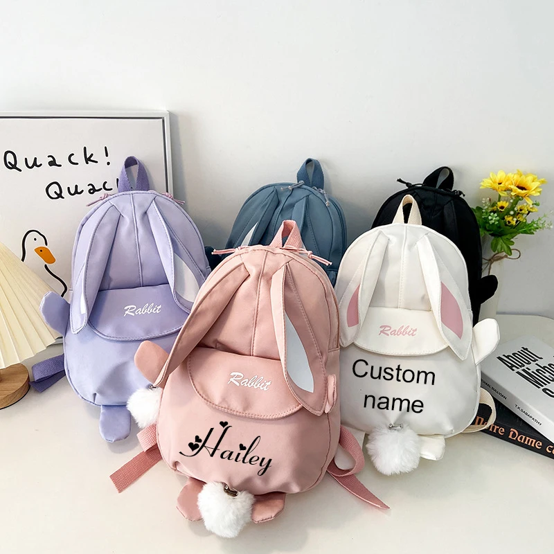 Personalised Kawaii Bunny Backpack for Girls with Cute Rabbit Ears and Fluffy Bear Pendant School Bookbag for Kids