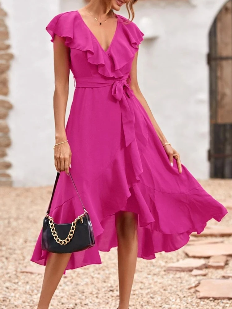 

2022 New Elegant V Neck Lace Up Dress Women Ruffles High Waist Irregular Hem Slit Dress Summer Short Sleeve Solid Color Dresses