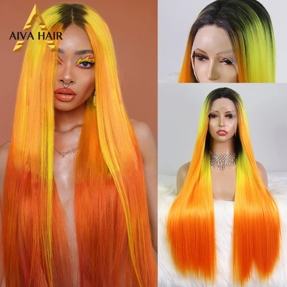 Aiva Ombre Orange Synthetic Lace Front Wig Heat Resistant Synthetic Lace Wig Straight Drag Queen Cosplay Wigs For Black Women