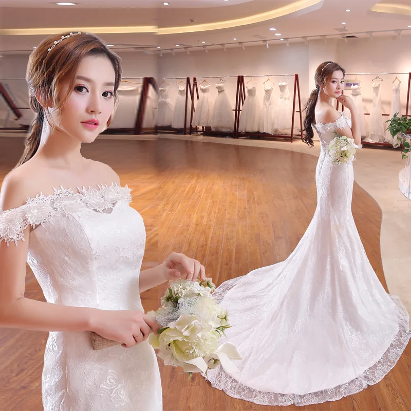 

New Bridal off-Shoulder Tight Waist Fishtail Slim Slimming Long Trailing Large Size Wedding Dress Factory Direct Sales Wholesale