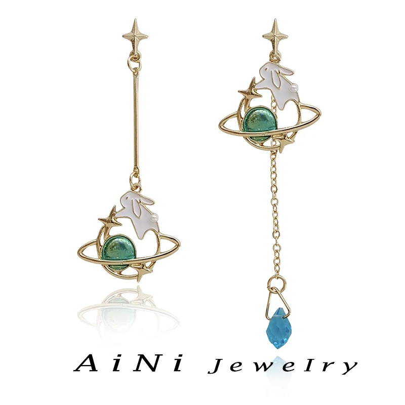 

Fashion Jewelry Small Star Earrings 925 Silver Needle Lovely Design Green Crystal Rabbit Asymmetrical Earrings For Women Gift