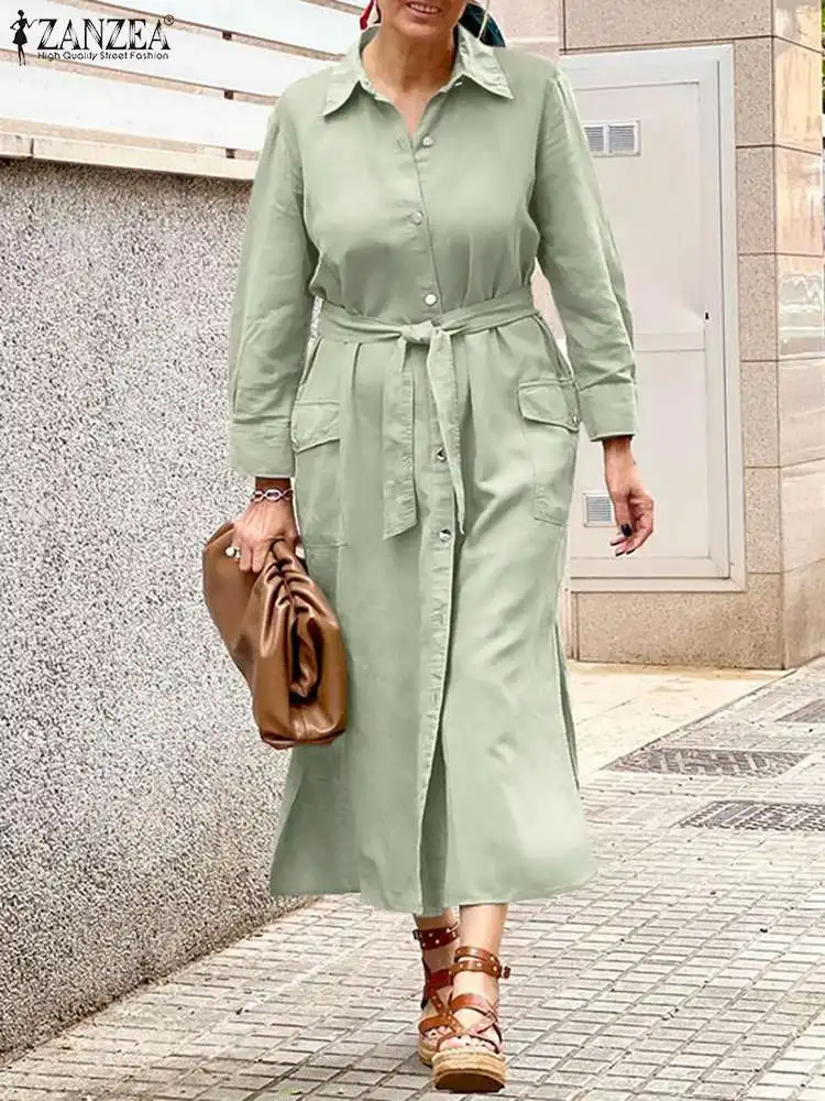 

Элегантное платье-рубашка ZANZEA 2022, весеннее однотонное длинное женское платье с длинным рукавом, повседневные офисные Длинные платья оверса...