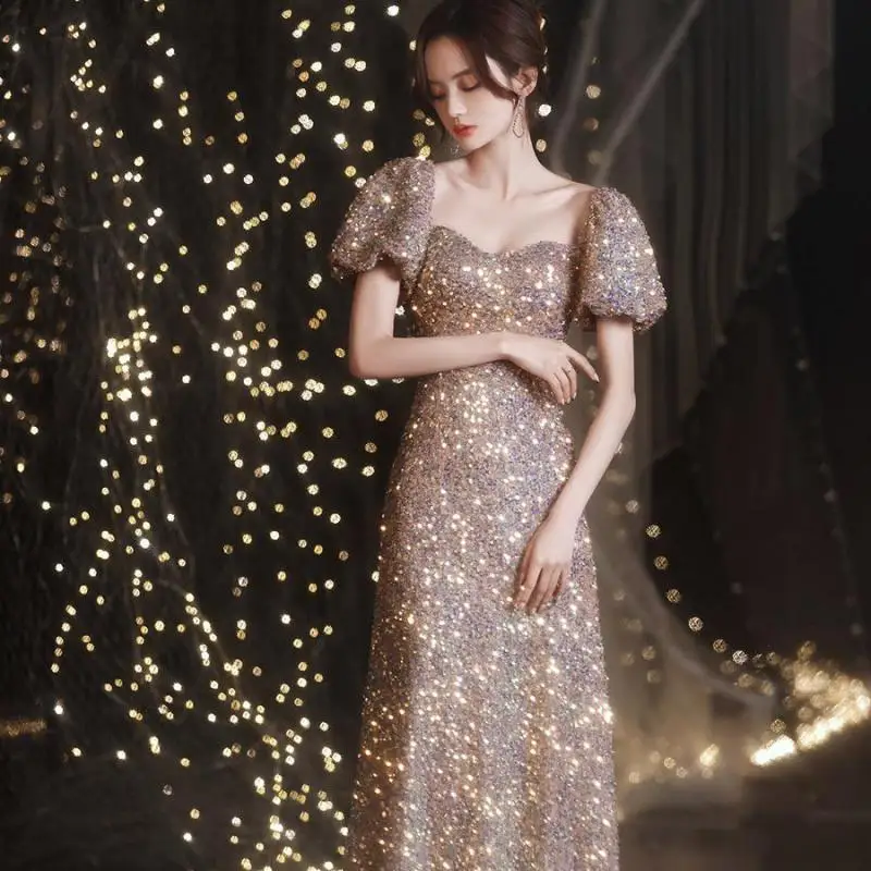

Sequins Bridal Prom Dress Gown Temperament Square Collar Cheongsam With Bandage Sexy Sparkly Stylish Celebrity Banquet Vestidos