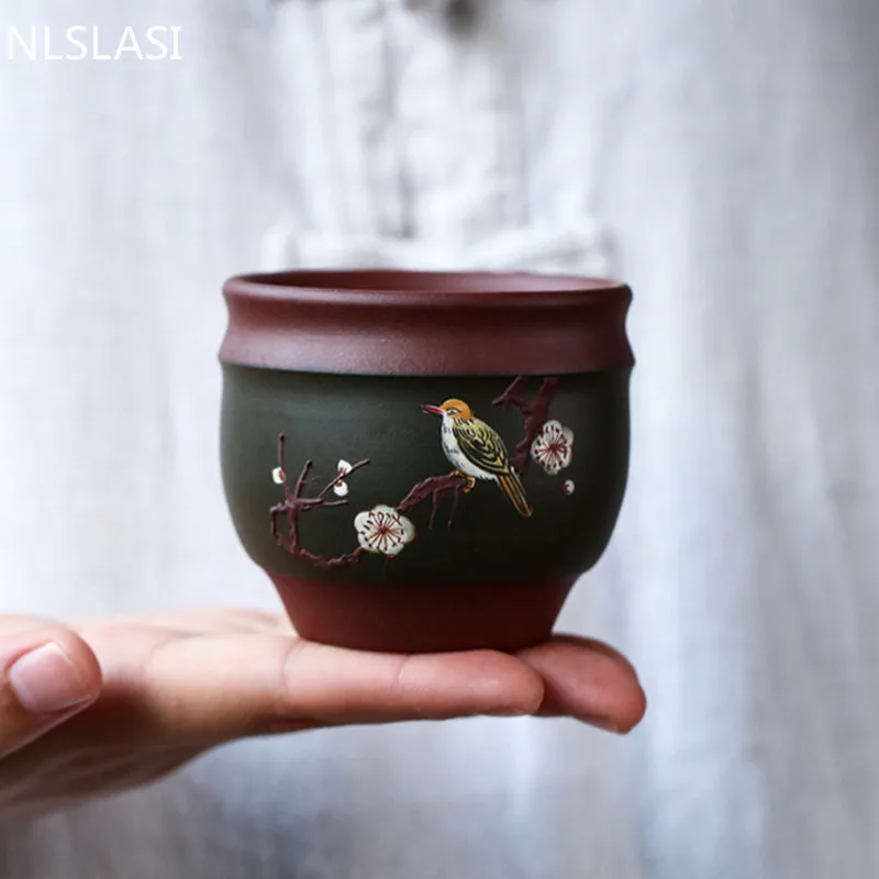 

Hand Painted Flowers and Birds Purple Clay Teacup Boutique Master Cup Travel Portable Pu'er Tea Bowl Chinese Zisha Tea Set 120ml