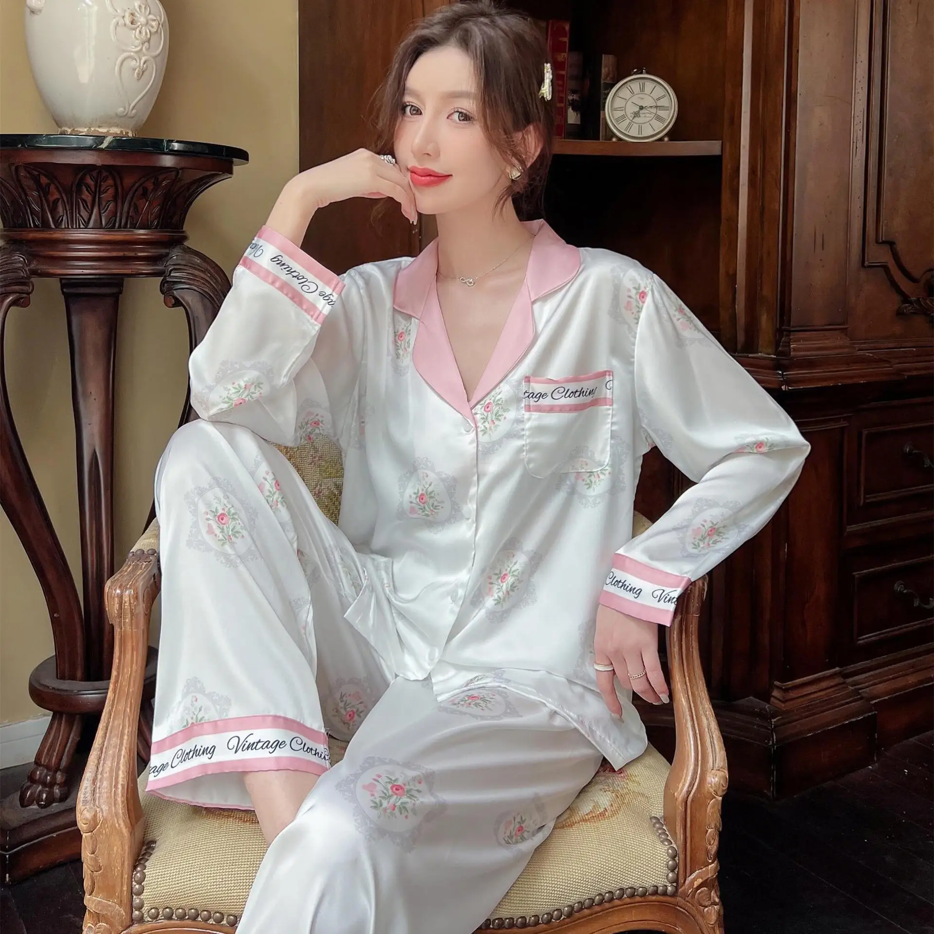 Pajamas women long sleeve long pants silk long sleeve long pants factory wholesale  잠옷 여름  pigiami donna