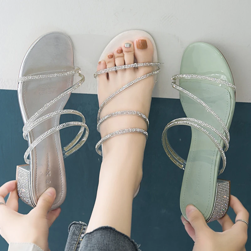 

Two Ways Clear Crystal Narrow Band Sandals Women Shoes Rhinestones Sandalias Woman Slippers Chunky Heels Gladiatoer Sandales