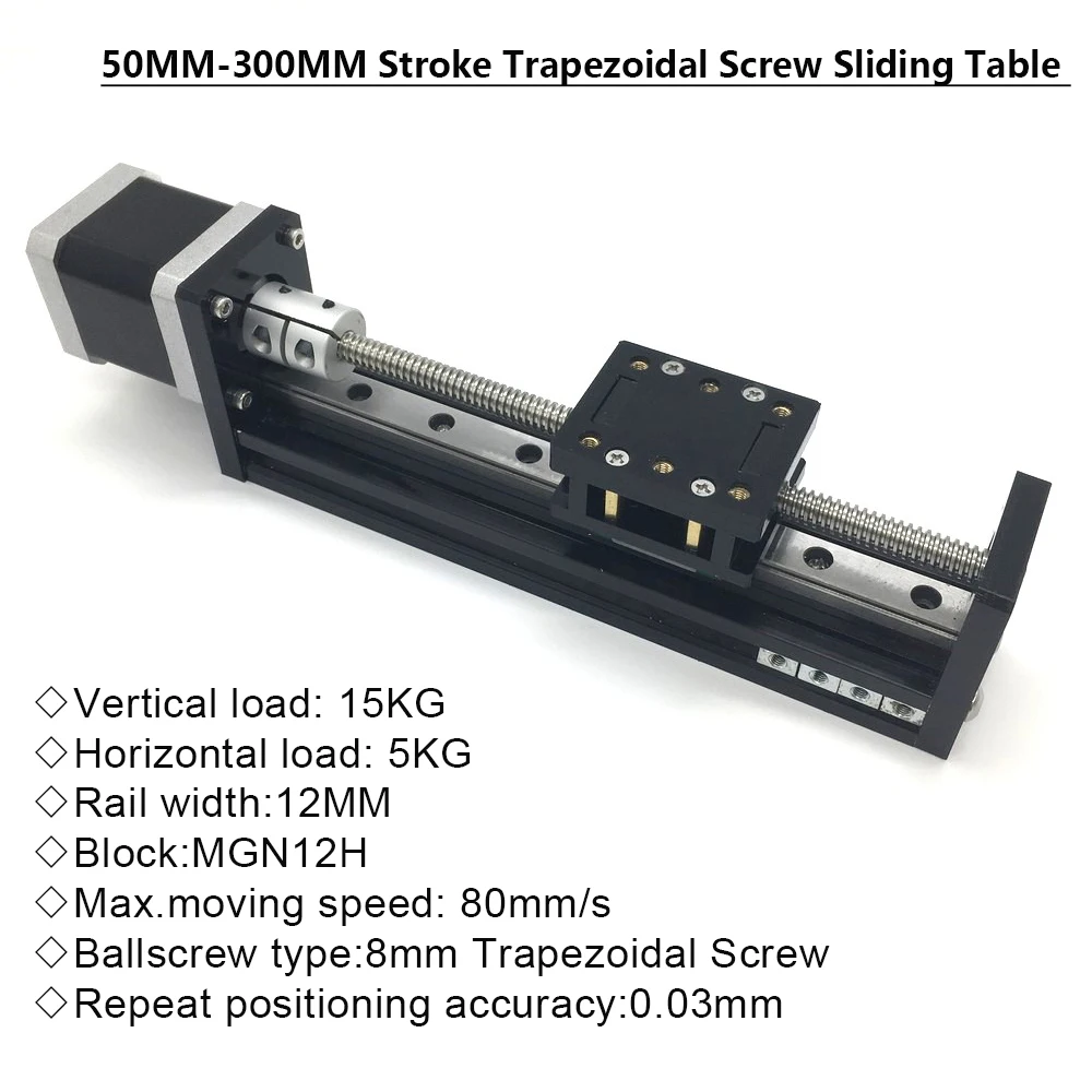 

50~300mm Stroke T-type Sliding Table Rail Linear Stage Transport Guide Platform 2-8mm Pitch & NEMA17 0.28Nm 0.7Nm Stepper Motor