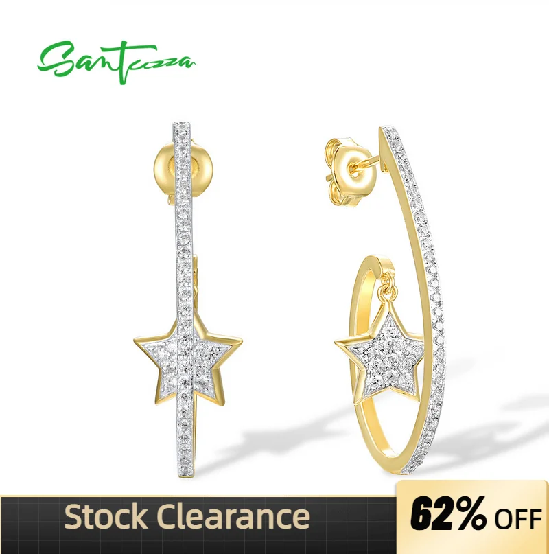 

SANTUZZA Authentic 925 Sterling Silver Stud Earrings For Women Sparkling White Cubic Zirconia Star Trendy Fine Party Jewelry