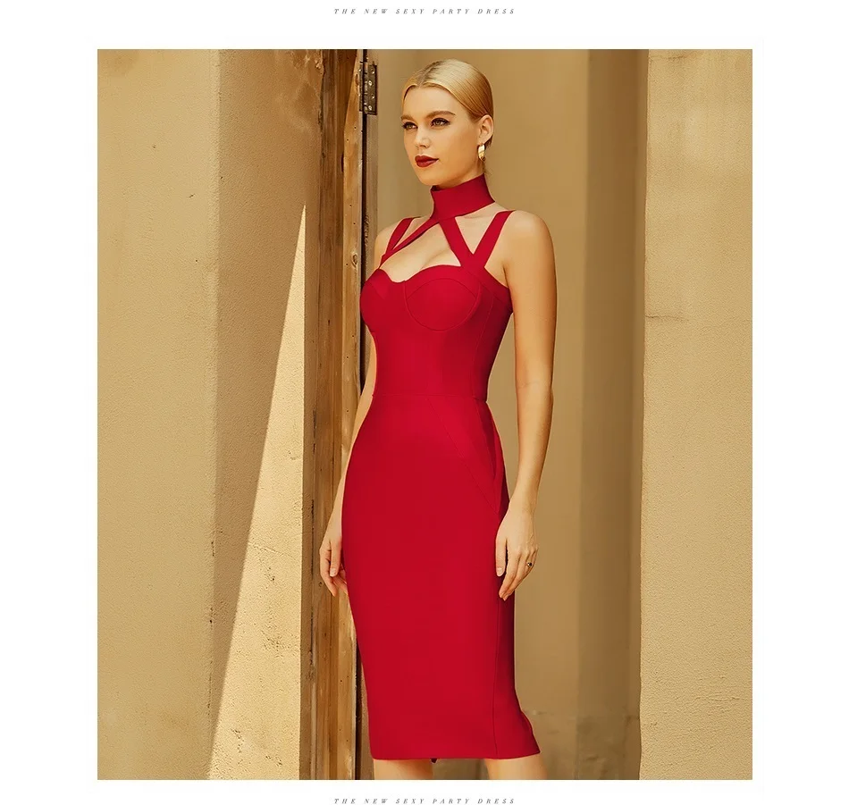 

Adyce New Summer Red Halter Midi Bodycon Bandage Dress For Women 2022 Sexy Sleeveless Club Celebrity Evening Runway Party Dress