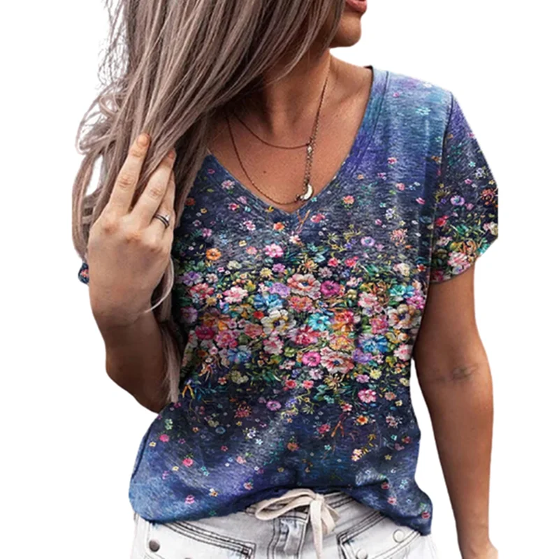 

2022 Vintage 3D Floral Print Top Ladies Summer Casual Loose Short Sleeve V Neck T Shirt Oversized 4XL 5XL 6XL Top