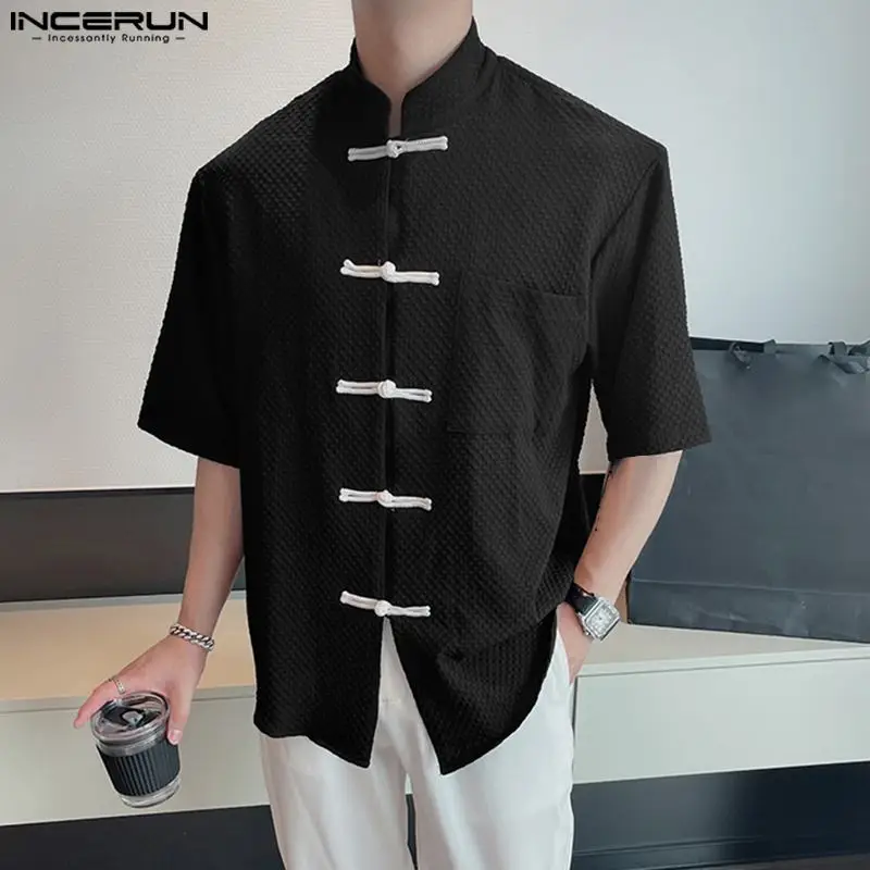 

2023 Men Shirt Patchwork Vintage Stand Collar Short Sleeve Men Clothing Streetwear Summer Chinese Style Casual Shirts INCERUN