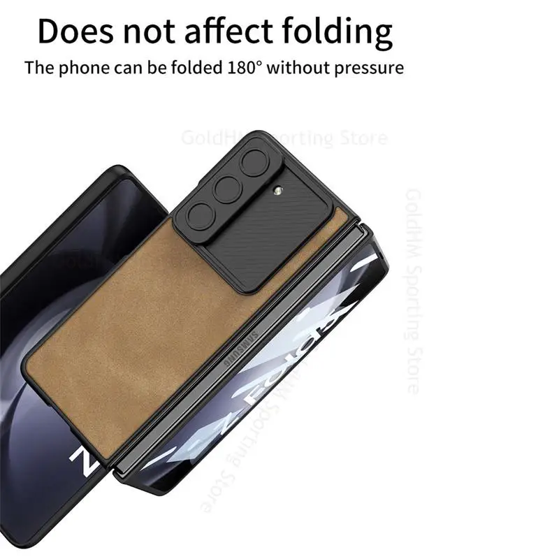 Capa For Samsung Z Fold 5 5G Matte Leather Phone Case For Galaxy Z Fold5 5G Push Window Slide Lens Flip Cover with Tempered Film