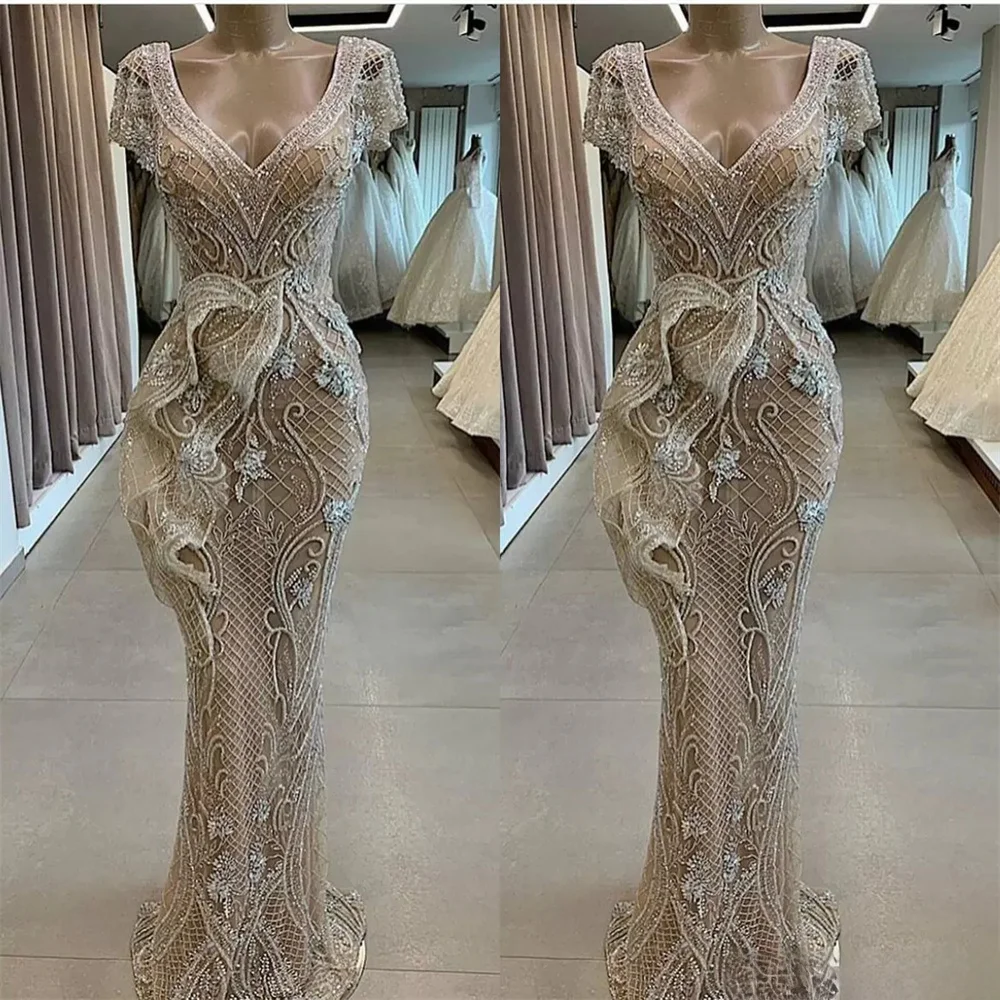 

Stunning Mermaid 2022 Formal Evening Party Prom Dresses V Neck Appliqued Beaded Capped Short Sleeves Ruffle Sweep Train Ladies