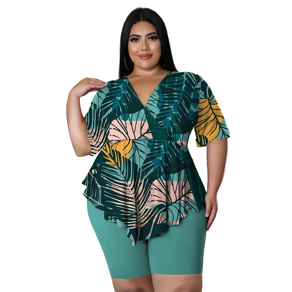 Bohemia Printed Outfits Plus Size Women Clothing XL-4XL Top Short Pant Summer Two Piece Set Black Blue Green Suits Oversized