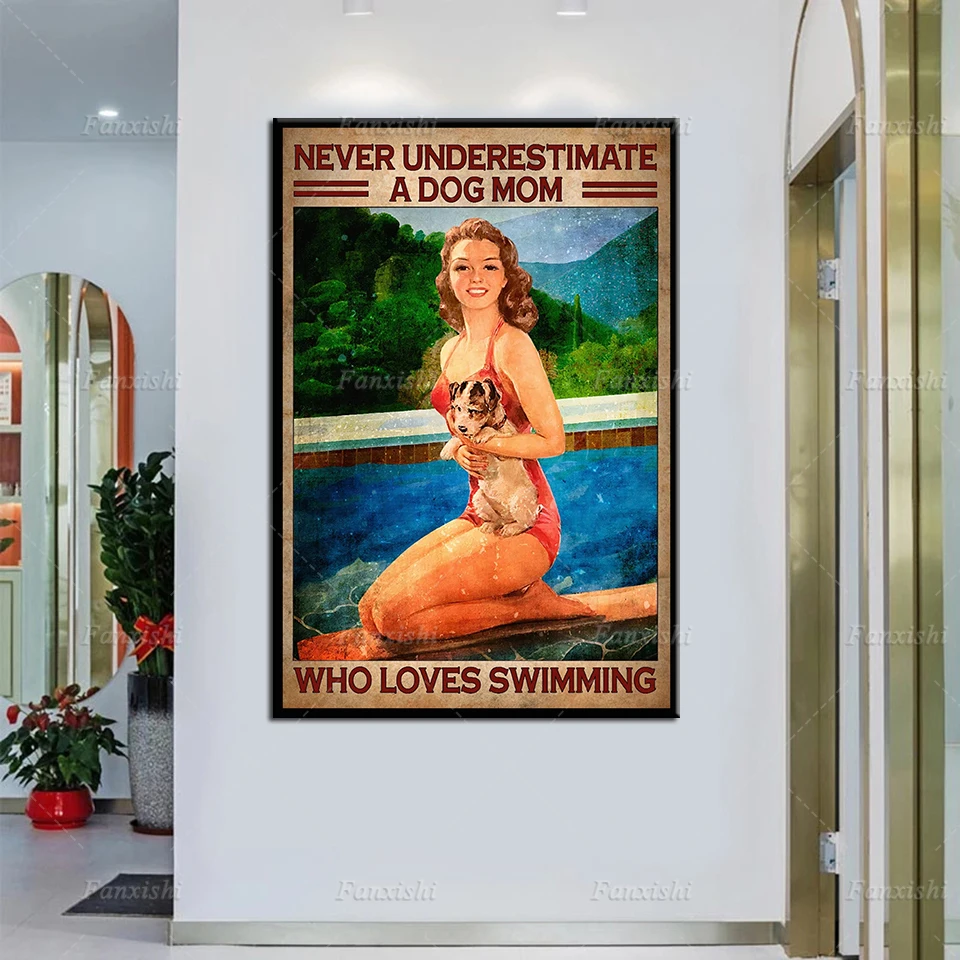 

Dog Mom Woman Vintage Poster,Dogs Wall Decor,Dog Wall Art Modular Pictures,Swimming Home Decor Canvas Painting, Swimming Poster