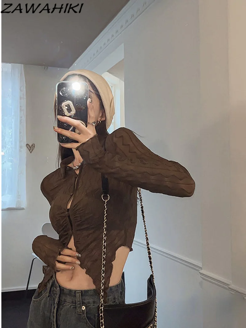 

Vintage Brown Folds Short Shirts Long Sleeve Crop Top Folds See-through Blouse Summer Women Fashion Casual Button Short Blouse