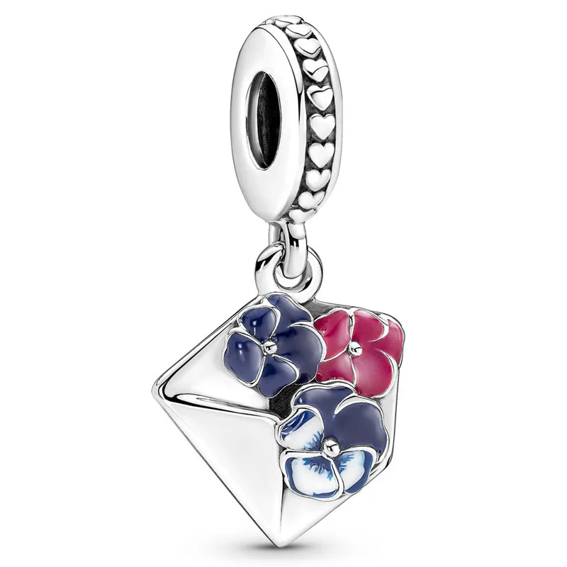 DIY Charms Blue & Pink Enamel Pansy Flower Envelope Pendant 925 Sterling Silver Bead Fit Fashion Bracelet Bangle Jewelry