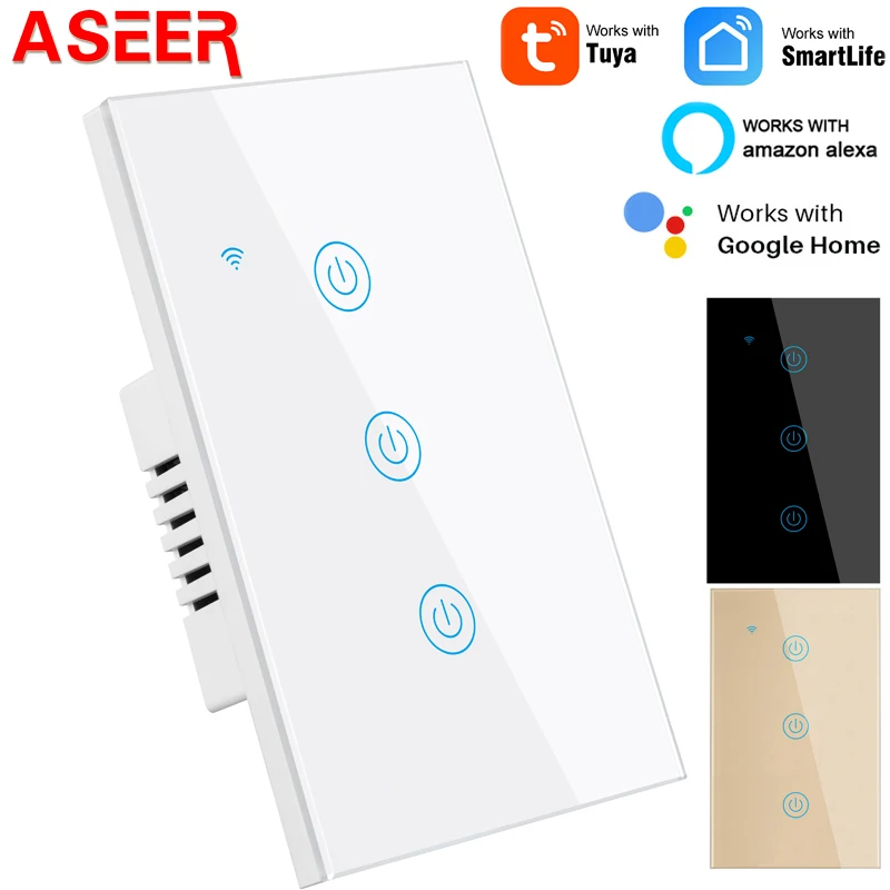 Смарт-переключатель ASEER Tuya WiFi, стандарт США, 3 комплекта, 90-240 В переменного тока, WIFI переключатель, 600 Вт, сенсорная панель, светильник, переключатель, работает Alexa Google Home