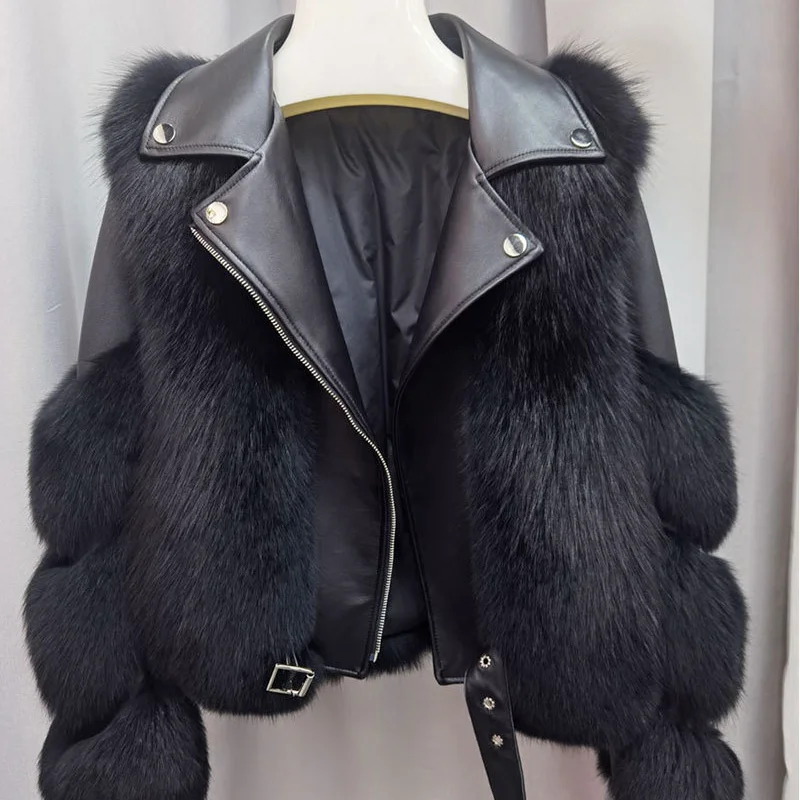 Winter Fashion Ladies Long-sleeved Lapel Faux Fur Stitching Black Fake Fur Flocking Beltless Fur One Fur New Cropped Jacket