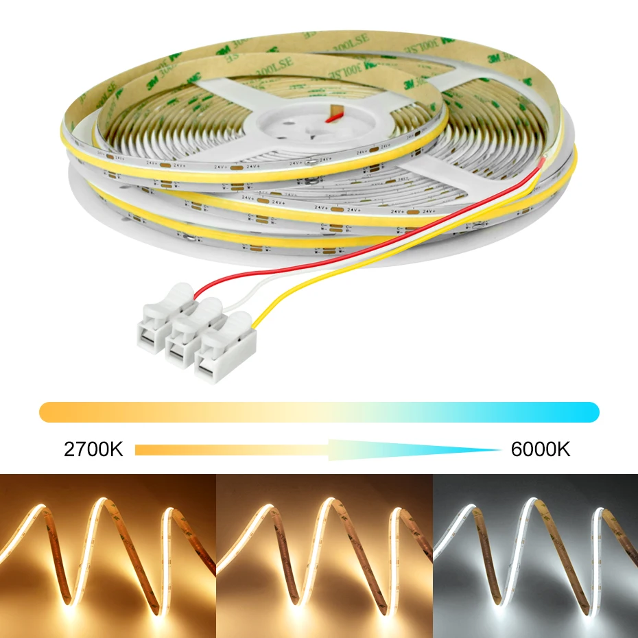 Светодиодная лента COB CCT DC24V 2700K до 6000K с регулируемой цветовой температурой, Светодиодная лента 560 светодиодов/м, гибкая лента для освещения кухни