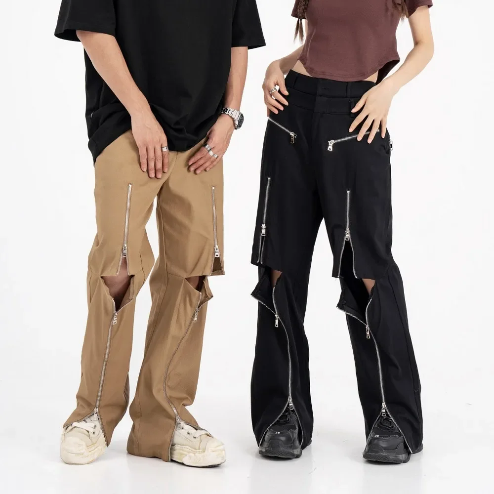 

ZIP Holes Designer Zippers Pockets Women Pants Wide Leg Frayed Distressed Trousers for Men Women's Y2k Grunge Clothes Streetwear