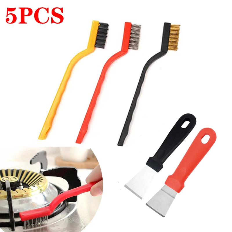 

5pcs/set Gas Stove Cleaning Wire Brush & Shovel Kitchen Tools Metal Fiber Brush Strong Decontamination In-Depth Small Gaps Clean