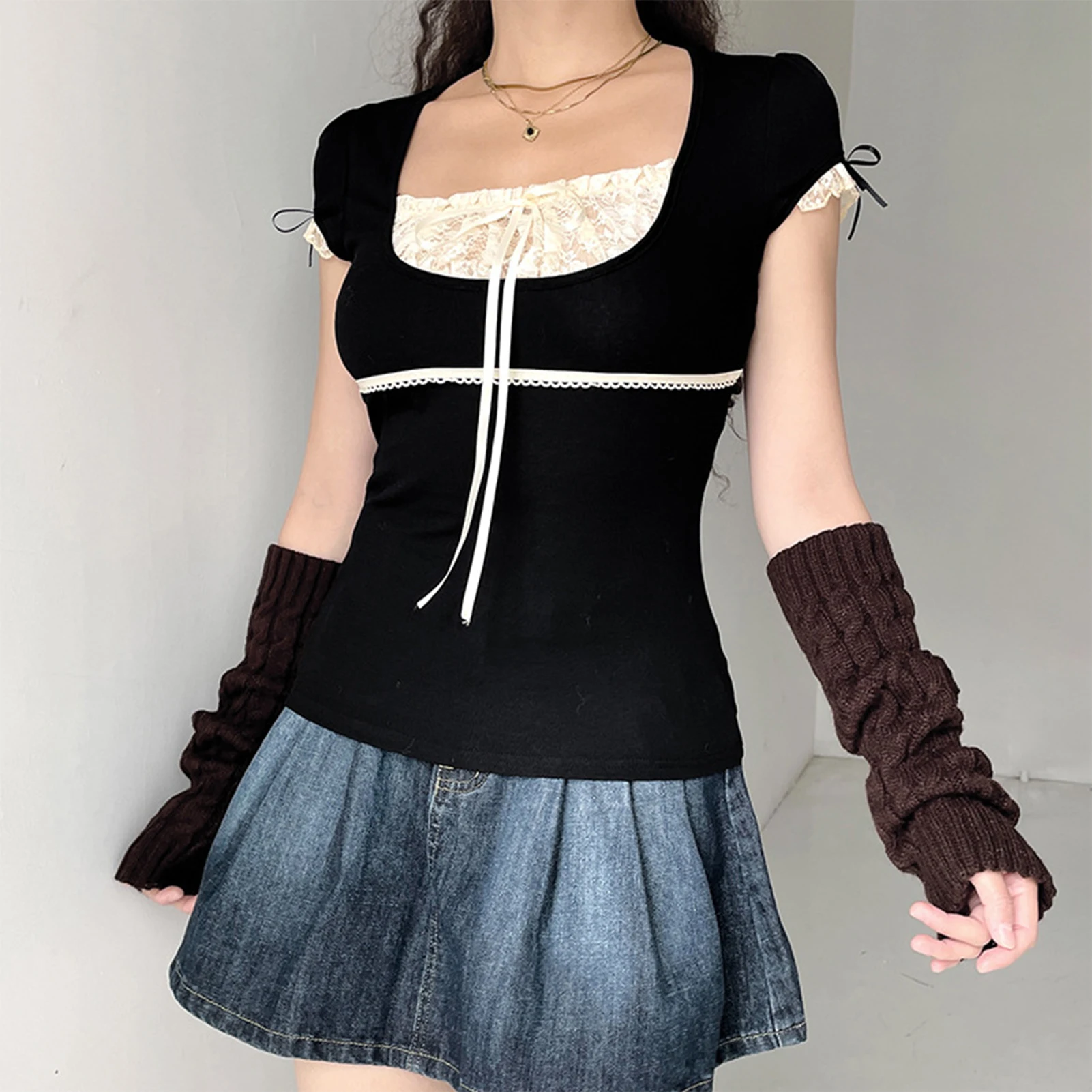 

Women Lace Plaid Patchwork Top Vintage Goth Short Sleeve Y2K Basic Sweats Shirt Cute Chic Slim Clothes Women Sweet Casual Tee