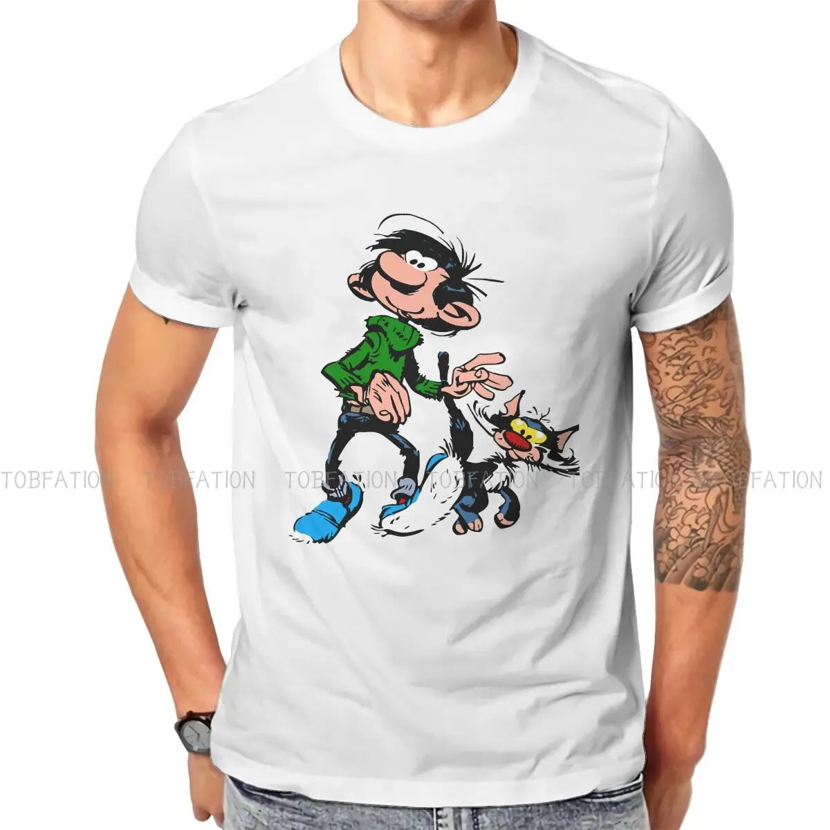

Cartoon Color Big Ben Walking With Cat Classic Round Collar TShirt Gaston Lagaffe Comic Pure Cotton Original T Shirt Man's