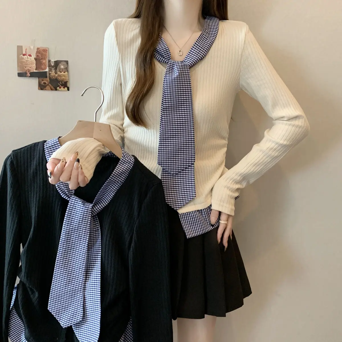 Женский трикотажный топ с длинным рукавом Облегающая рубашка в Корейском стиле