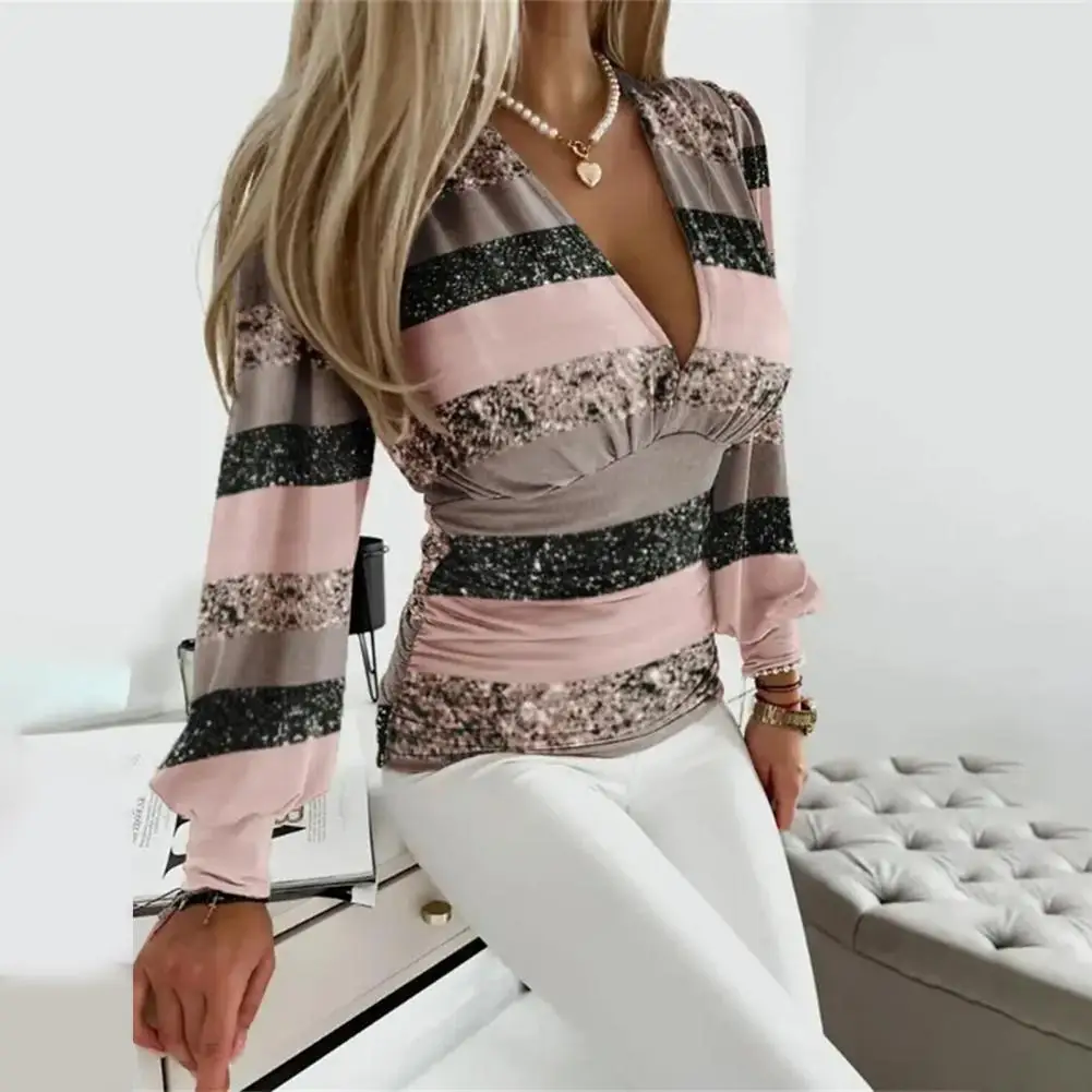 

Women Slim Fit Shirt Stylish Sequin Striped Blouse Chic Women's Fall Spring Shirt with Deep V Neck Soft Long Sleeves for Ol