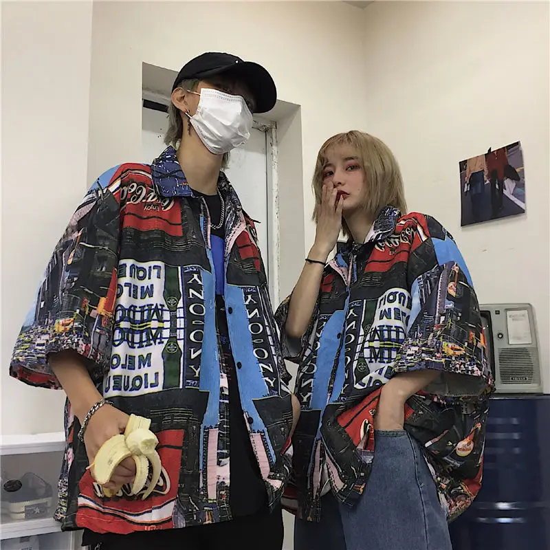 QWEEK Vintage Women's Blouses Streetwear Harajuku BF Oversized Shirts Korean Style Short Sleeve couple Gothic Tops Alt Clothes