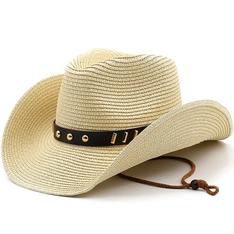 

Straw Cowboy Hat with Metal Plated Hatband Shapeable Cowgirl Jazz Caps For Dad Summer Western Sombrero Vacation Beach Sunhat