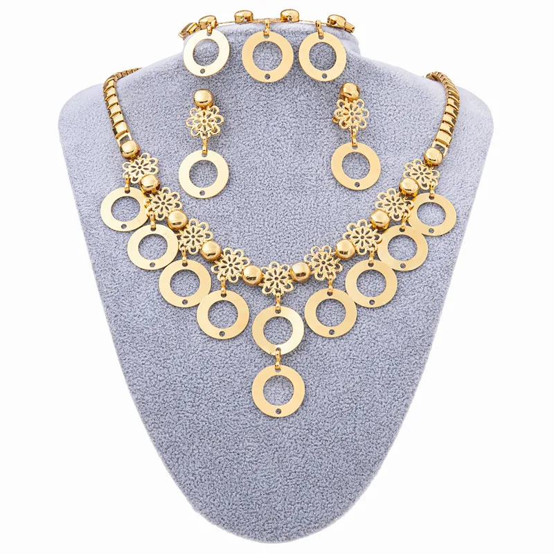 Ethiopian Jewelry Sets for Women Engagement Bracelet Necklace Earring Bridal Wedding Round Carved Gold Plated Necklace Sets