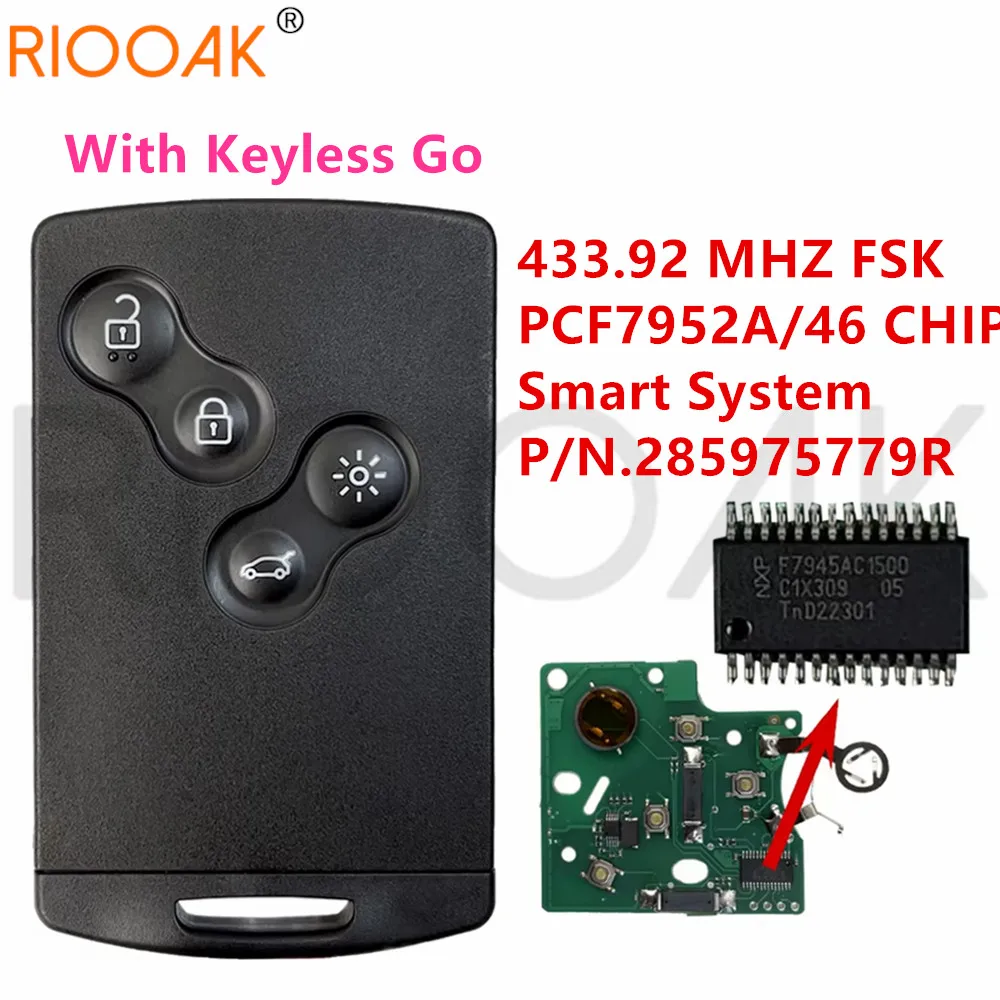 

Чип 7952, 433 МГц, 4 кнопки, вход без ключа, автоматический пульт дистанционного управления, автомобильный ключ для смарт-карты для Renault Megane 3