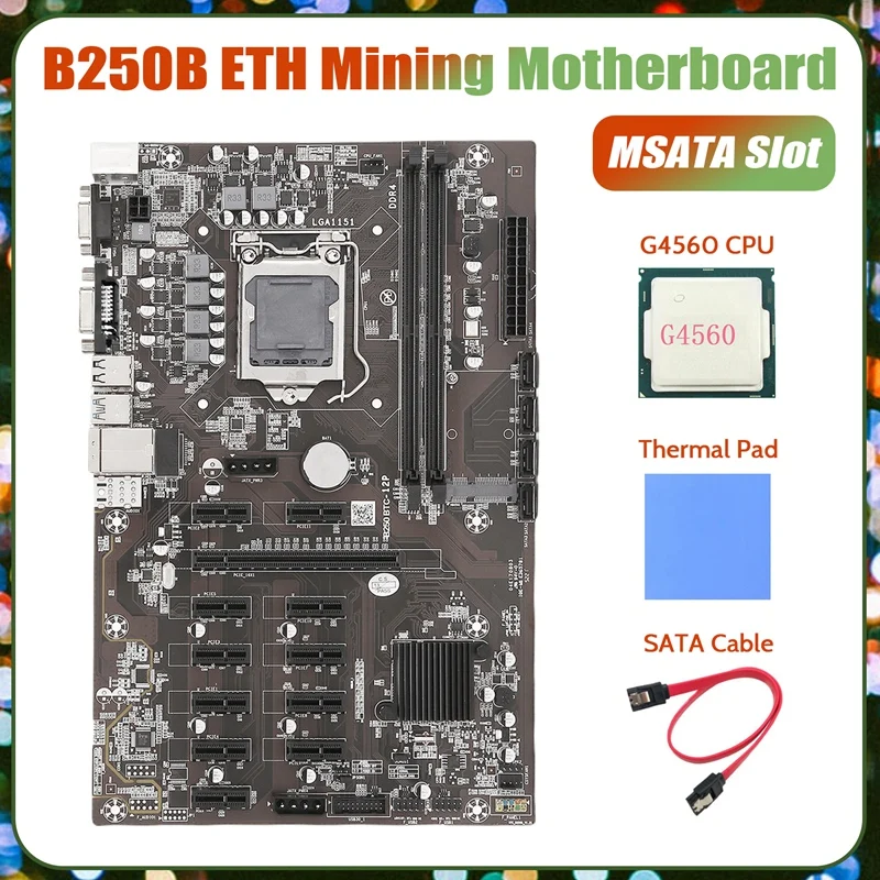 

Материнская плата для майнинга NEW-B250B ETH + процессор G4560 + термопанель + кабель SATA LGA1151 DDR4 12x слот для графической карты MSATA для майнинга BTC