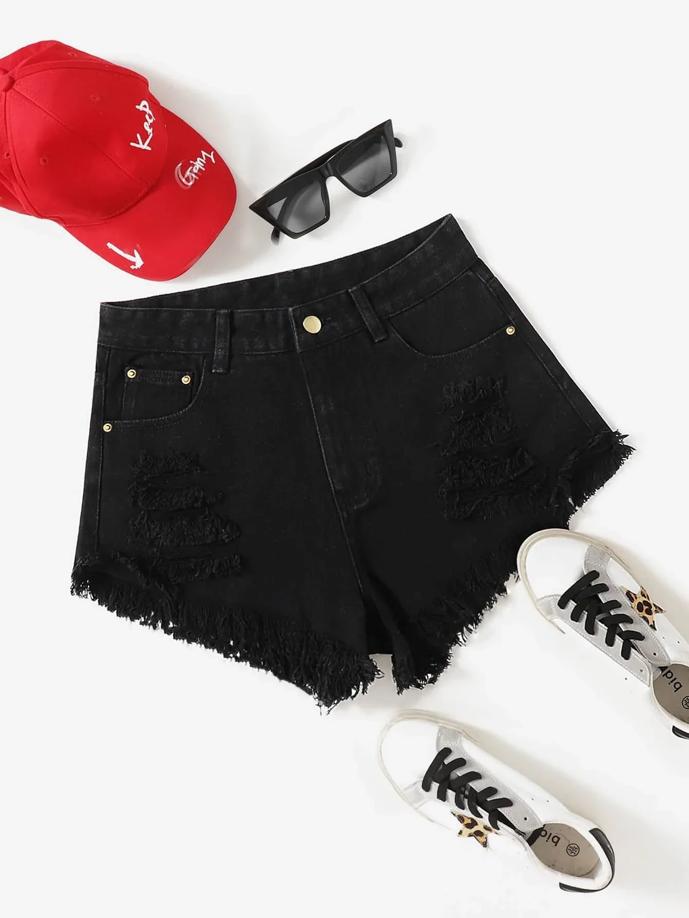 

Destroyed Fray Hem Denim Shorts