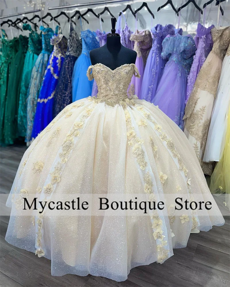 

New Champagne Tulle Ball Gown Quinceanera Dresses 2023 Beaded Applique Sweet 16 Dress Off Shoulder Birthday Party Gowns