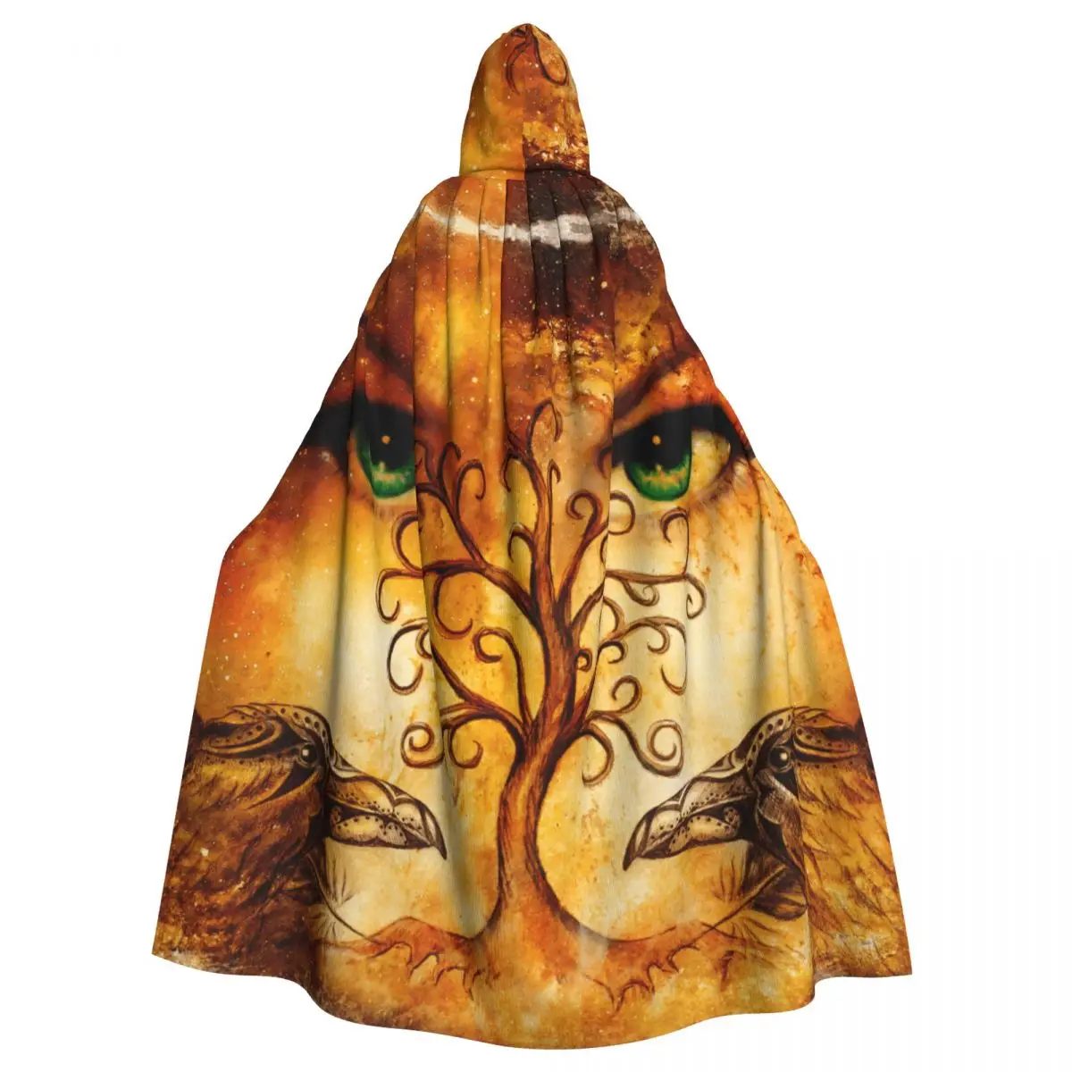 

Hooded Cloak Polyester Unisex Witch Cape Costume Accessory Ravens With Tree Of Life Symbol Goddess Eyes On Horizon Elf Purim