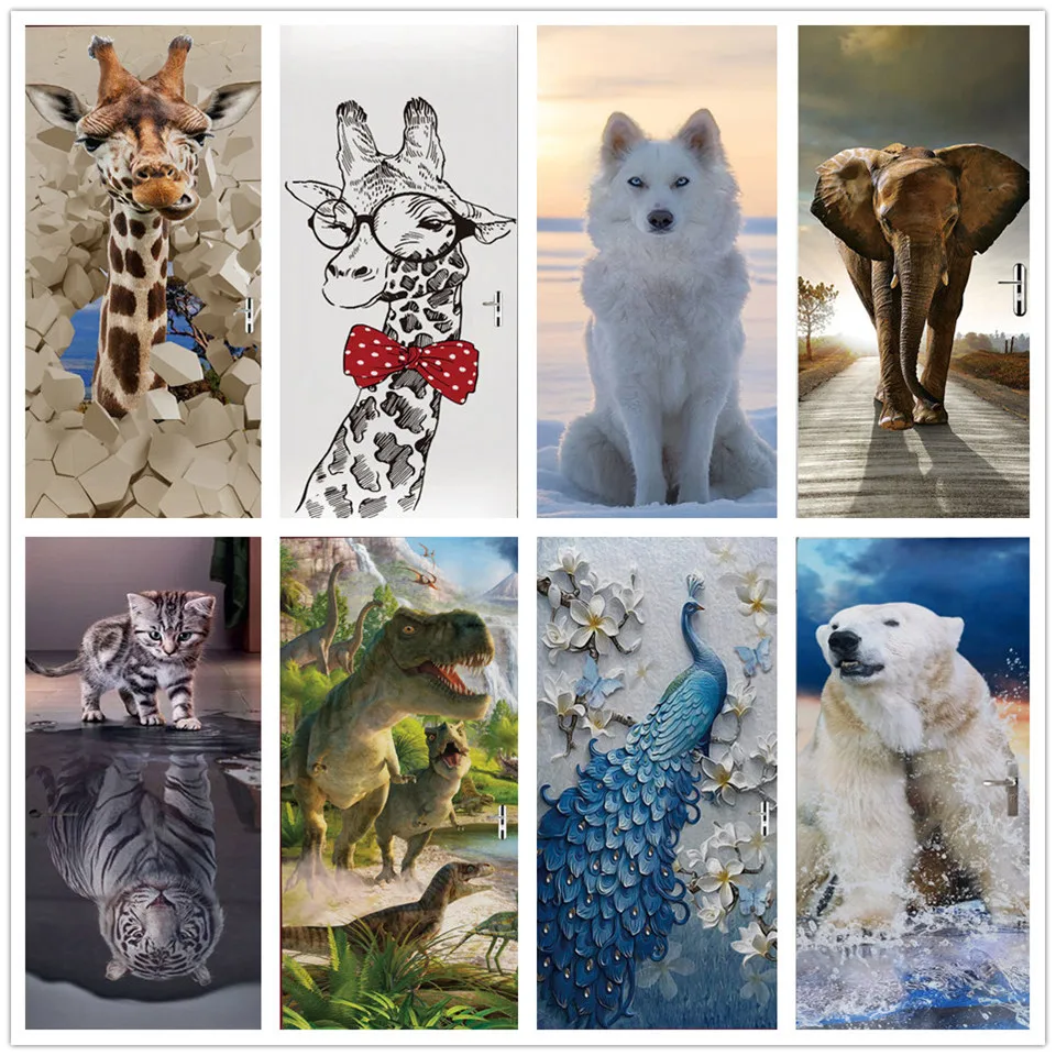

Animal Wallpaper 3D Door Sticker For Kids Child Room Decoration Adhesive Vinyl Mural Home Design Decor Poster Giraffe Wall Decal