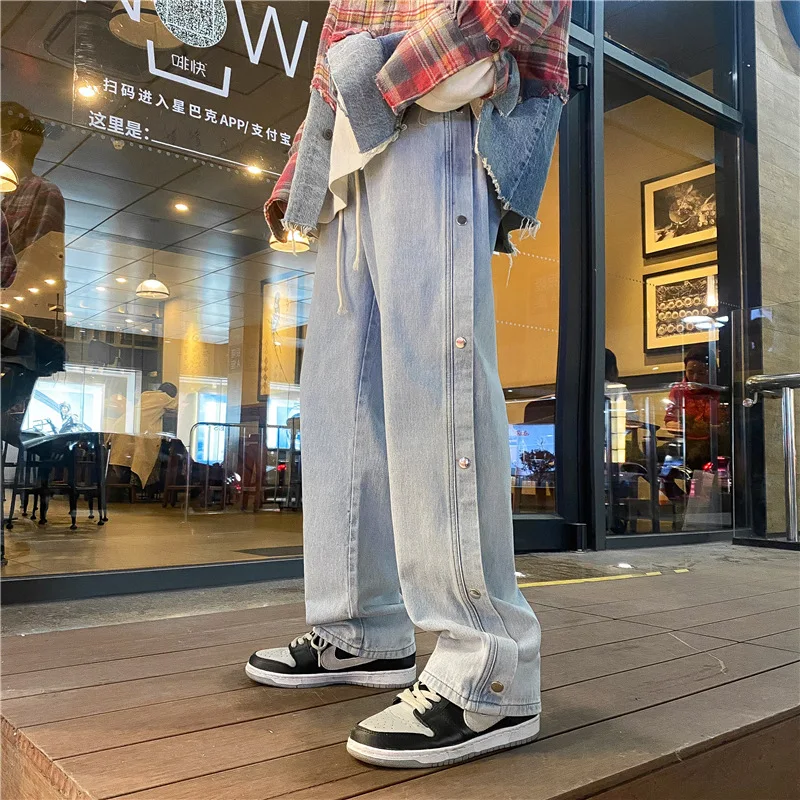 Brand Men's Side Row Solid Color Embroidery Jeans Straight-leg Pants Loose Wide-leg Jeans Trendy Street Men's джинсы для мужчин