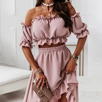 2022 summer sexy short sleeved women suit solid fashion slash neck show waist puff sleeve short top long skirt two piece suit