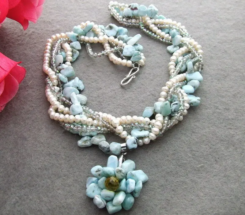 

5 strds Pearl LARIMAR Crystal Pendant Necklace
