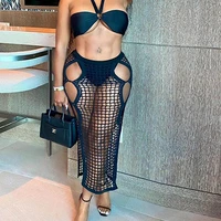 sexy see through hollow out grid party streetwear summer new knitting long skirt women elastic bottom solid color outfit indie