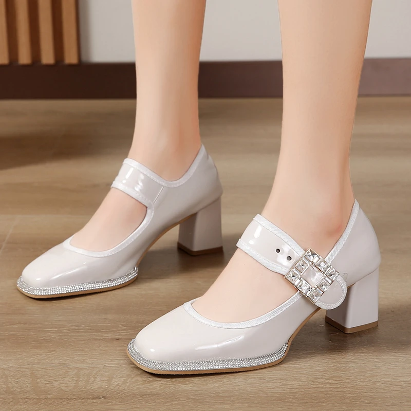 

High Heels Women Autumn New Lolita Style Square Toe Shallow Rhinestone Mary Jane Single Shoes Women Square Heel Buckle Pumps PU
