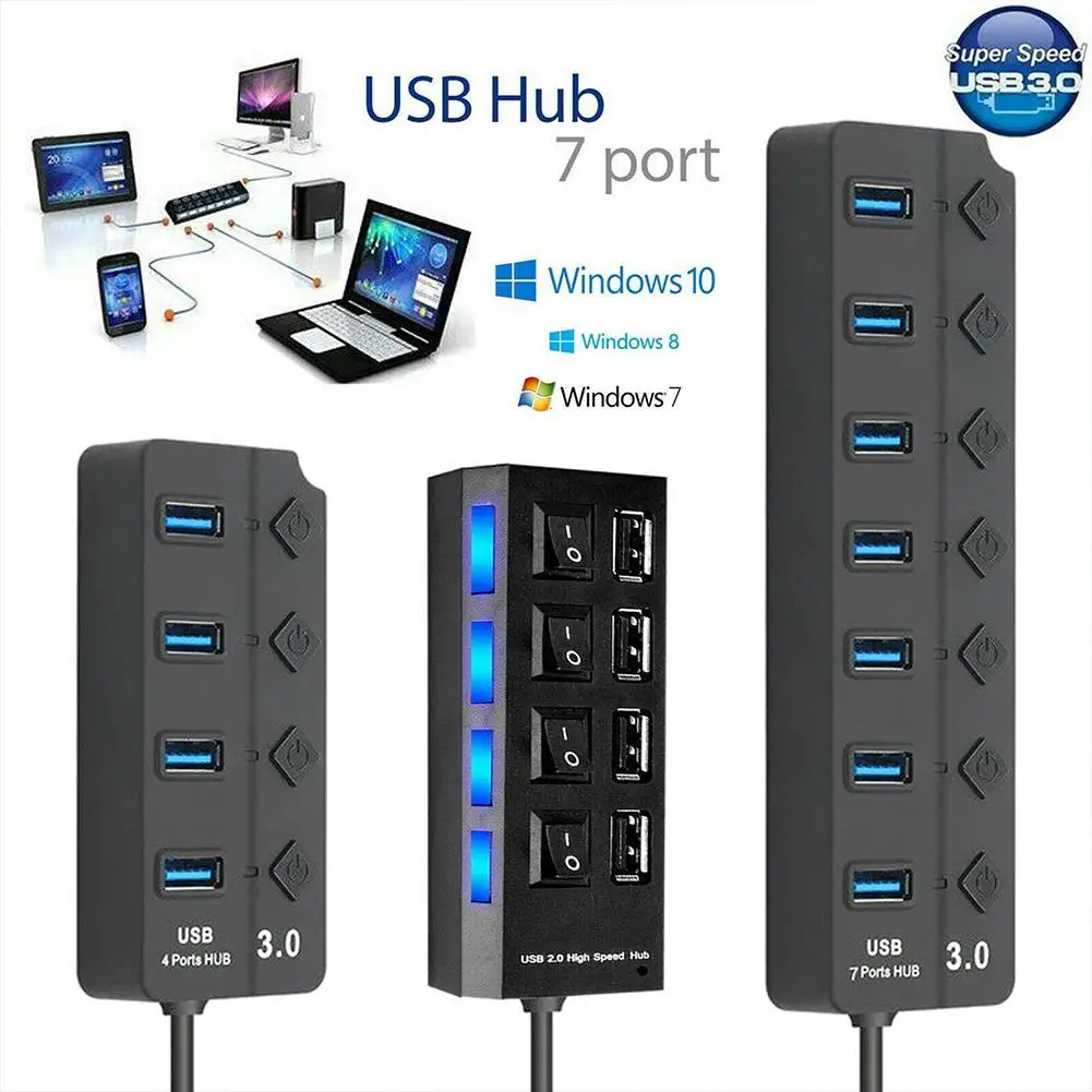 

USB3.0/2.0 Splitter Hub High Speed Multi USB Splitter 3 Hab Use Power Adapter 4/7 Port Multiple Expander Hub With Switch For PC