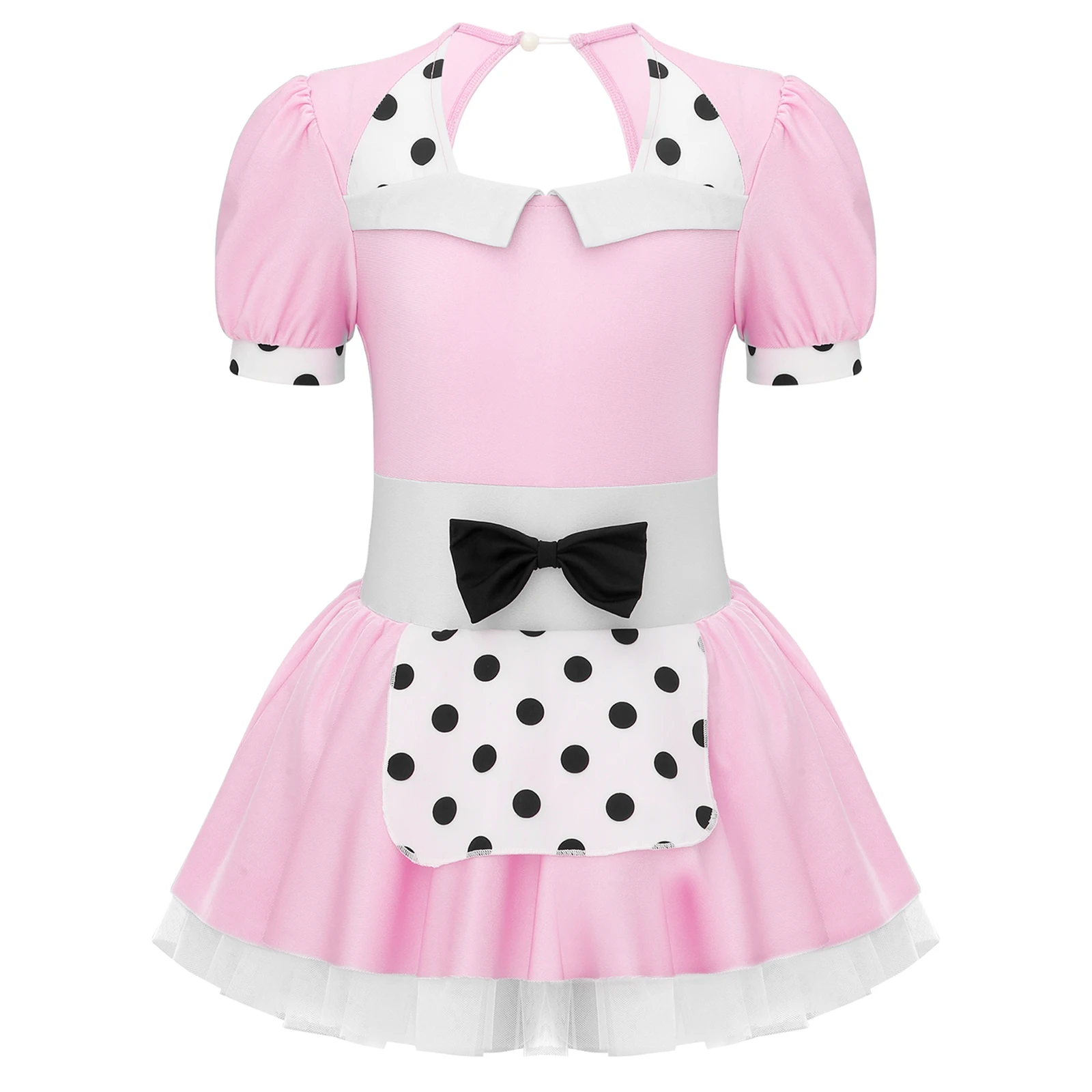 

Kids Maid Costumes Uniforms Girls Halloween Party Fancy Dress Short Sleeve Patchwork Polka Dots Print Bowknot Tutu Dance Dress