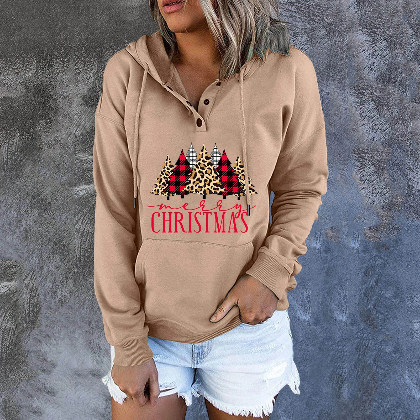 

Ladies Christmas Button Pocket Drawstring Long-Sleeves Printed Blouse Pullover Top Fuzzy Pullover Hoodie Long Fuzzy Sweater
