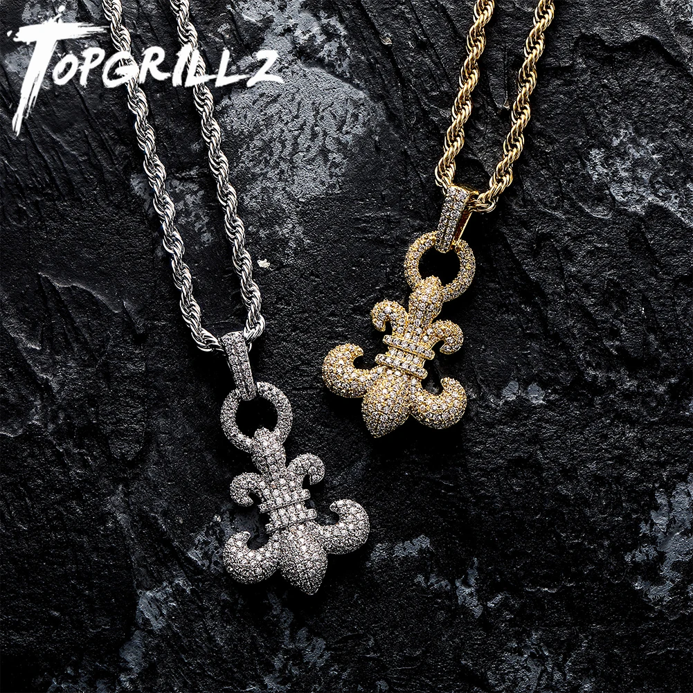 

TOPGRILLZ 2022 New FLEUR-DE-LIS Pendant Necklace Full Iced Micro Pave Cubic Zirconia Hip Hop Punk Couple Jewelry For Party Gift