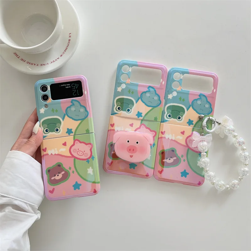 Cartoonl Rabbit Frog Pig Dolphin Phone Case for Samsung Galaxy Z Flip 4 3 Hard Cover for ZFlip3 Zflip4 Solid Shell Bracket