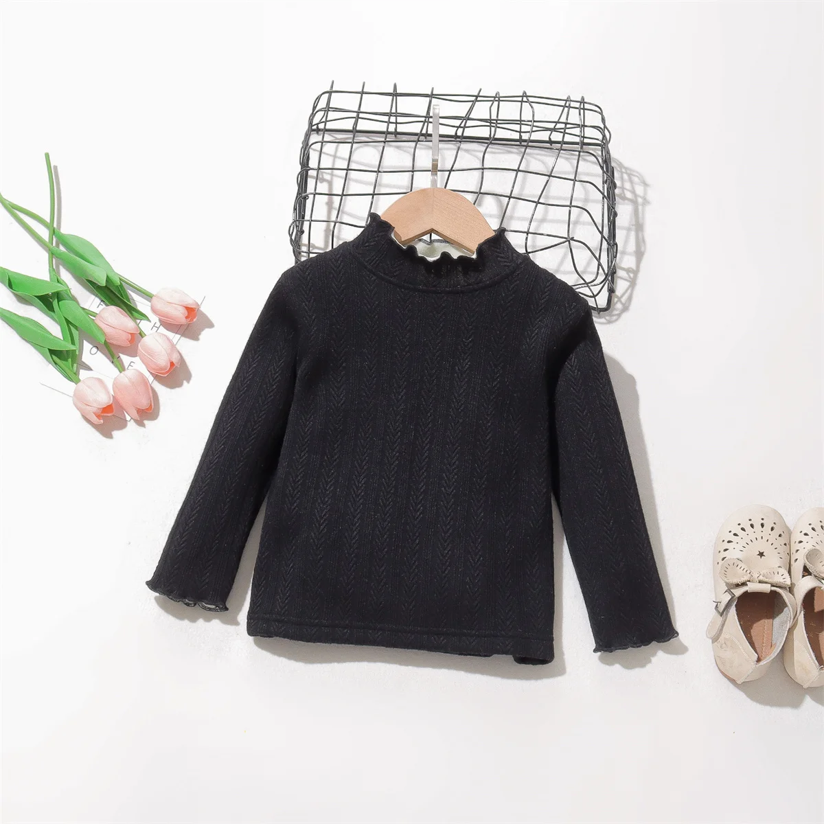 

Autumn And Winter Girls' Plush Bottomed Shirt With Lace Standing Collar, Solid Color, Sweet And Versatile Korean Version Top